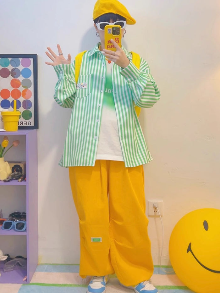 Green Vertical Striped Loose-Fit Long-Sleeve Shirt