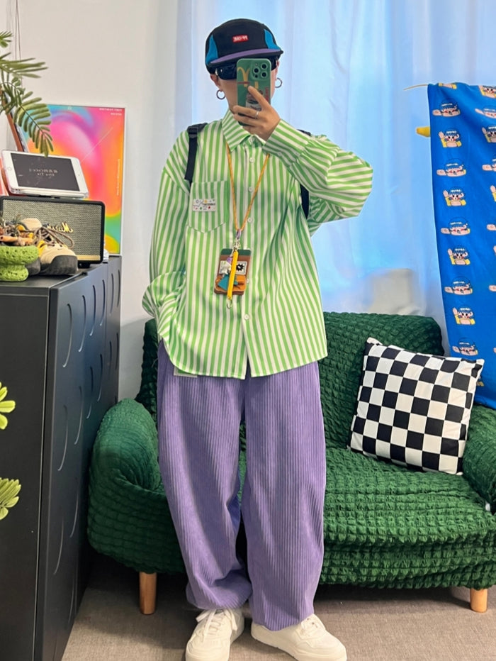 Green Vertical Striped Loose-Fit Long-Sleeve Shirt