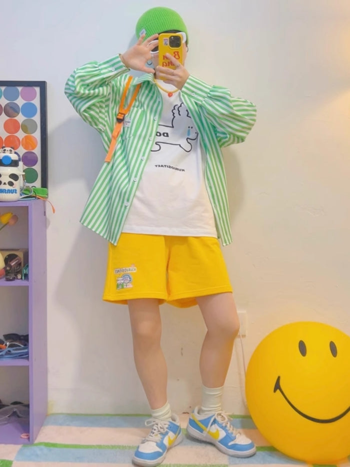 Green Vertical Striped Loose-Fit Long-Sleeve Shirt
