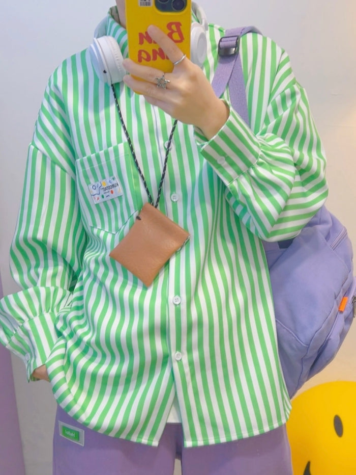 Green Vertical Striped Loose-Fit Long-Sleeve Shirt