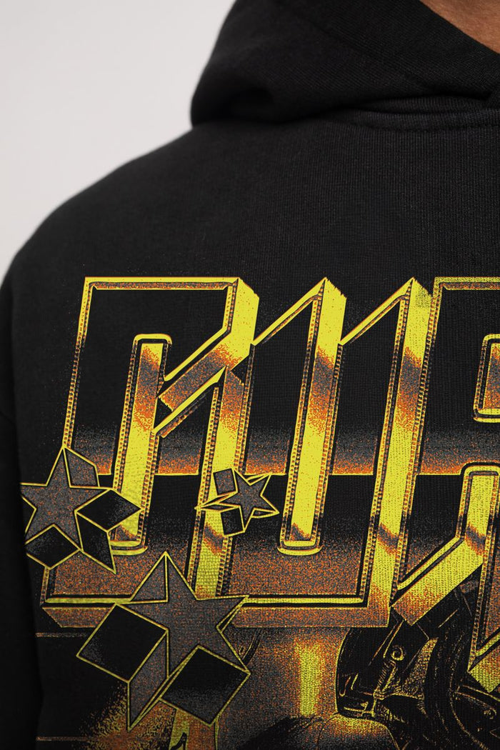 Bright yellow Guapi Cyber Hoodie with bold logo print on the back