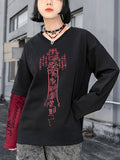 Han-style print Colorblock V-neck long-sleeve T-shirt