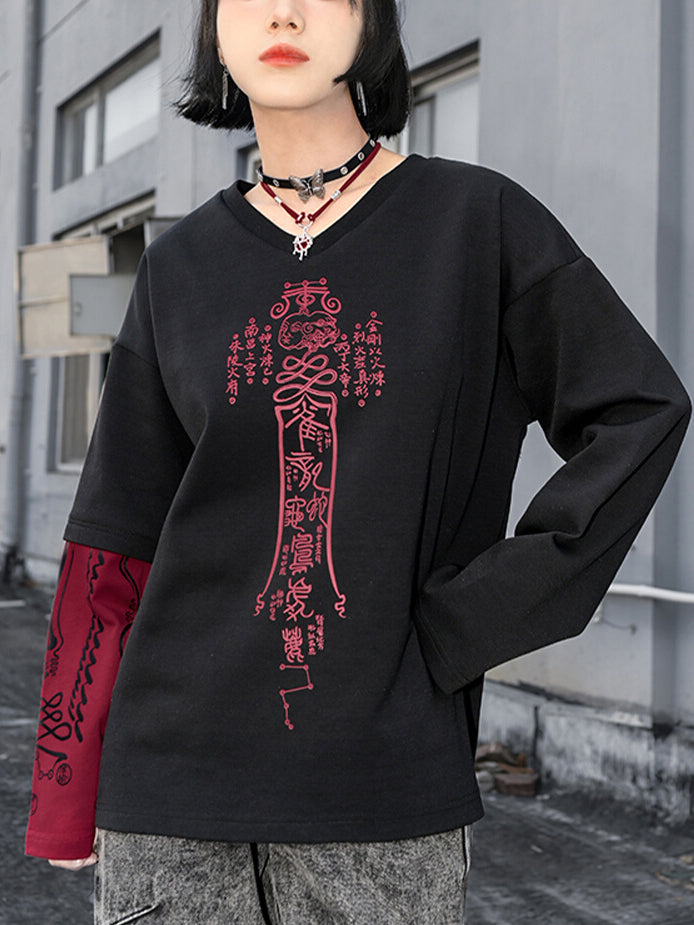 Han-style print Colorblock V-neck long-sleeve T-shirt