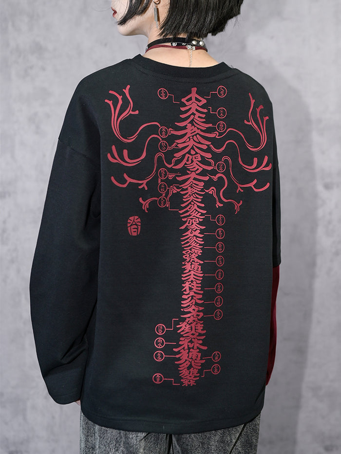Han-style print Colorblock V-neck long-sleeve T-shirt