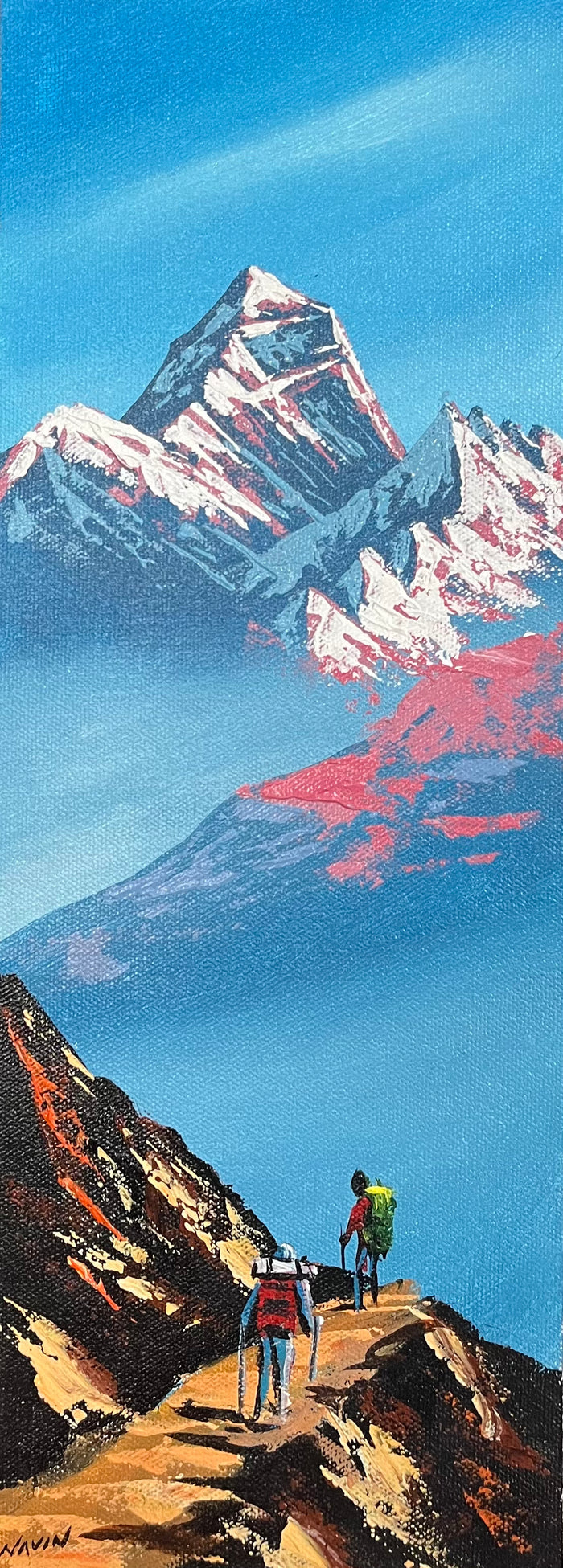 Hand-Painted Oil Painting of Mt Everest with Trekkers