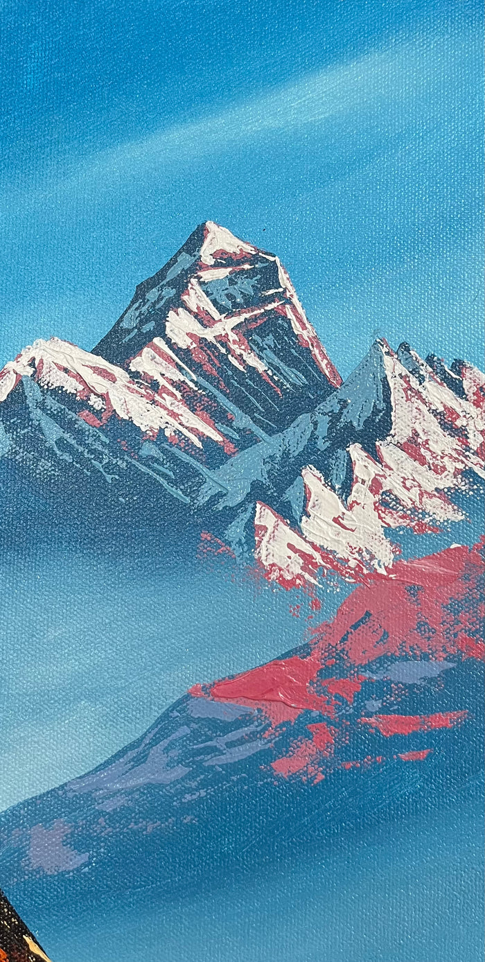 Hand-Painted Oil Painting of Mt Everest with Trekkers
