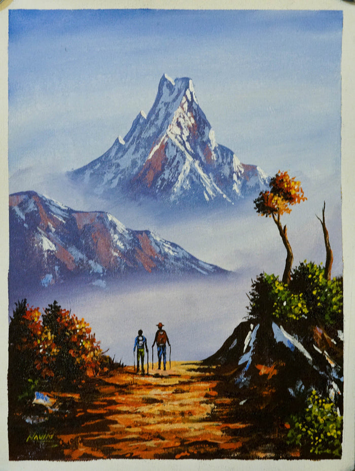 Handmade painting of Mt. Fishtail with Trekkers on Canvas
