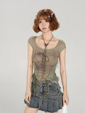 Hot Girl Heavy Lace Patch Short Sleeve T-shirt