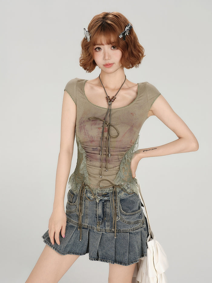 Hot Girl Heavy Lace Patch Short Sleeve T-shirt