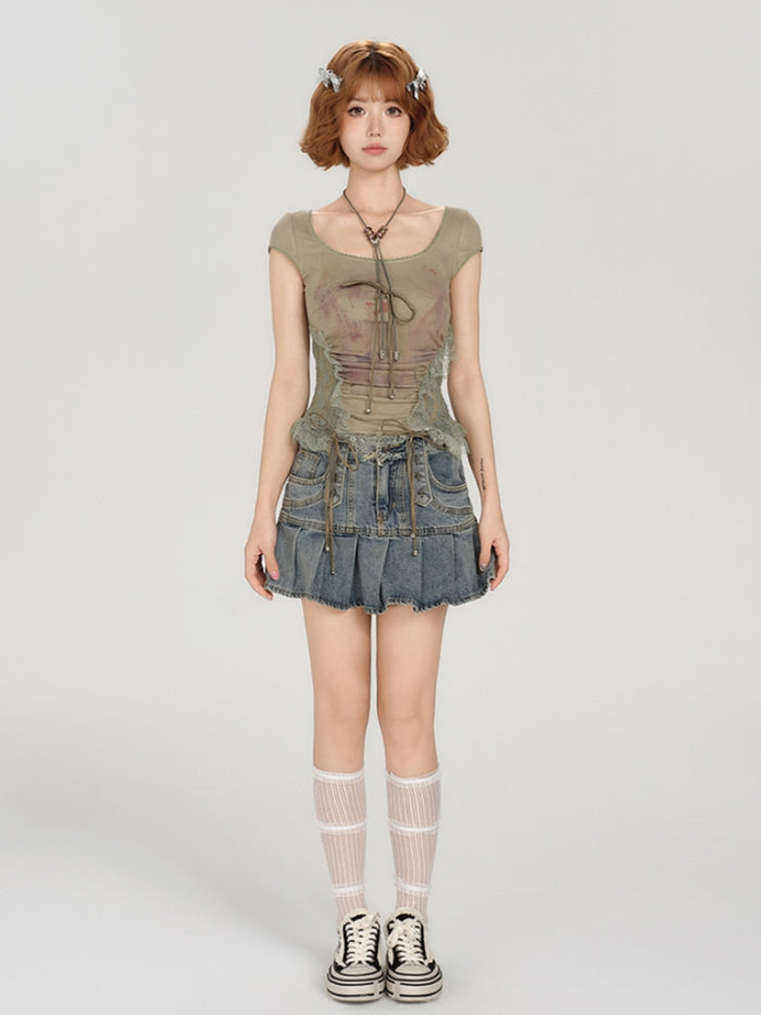 Hot Girl Heavy Lace Patch Short Sleeve T-shirt