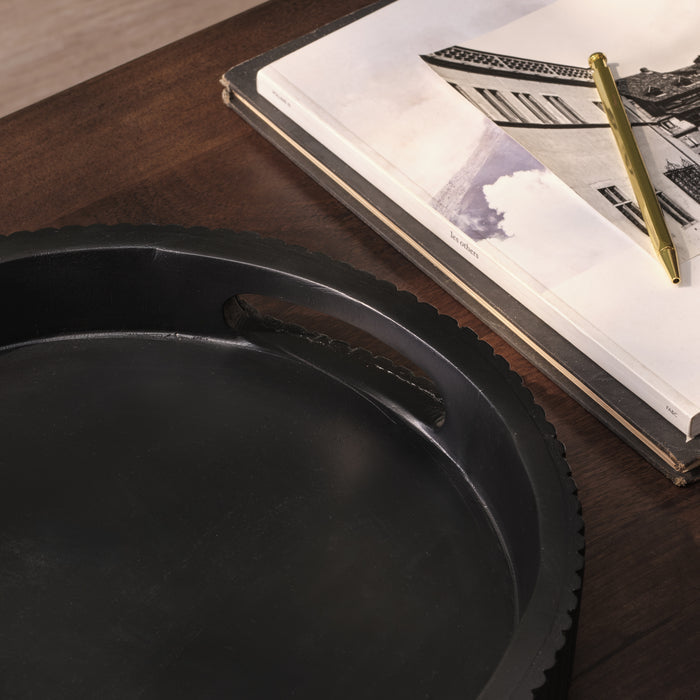 Jade 35cm Round Ribbed Tray - Jet Black Mango Wood - Laura James