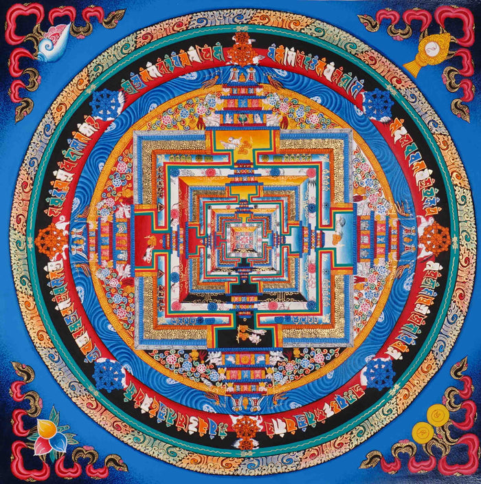 Blue multicolor Kalachakra Mandala Thangka Wheel of Time Himalayan art from Nepal