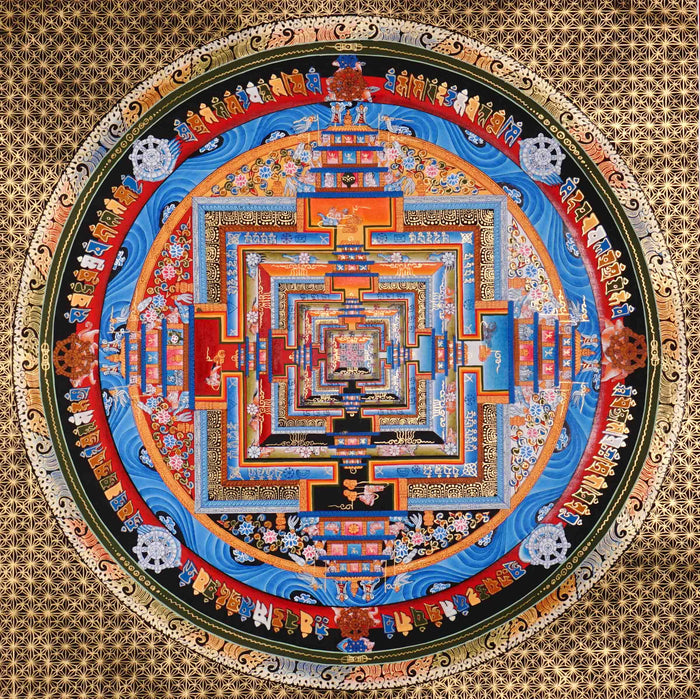 Traditional Tibetan Kalachakra Mandala Thangka painting showing sacred Buddhist cosmology and geometric mandala symbolism.
