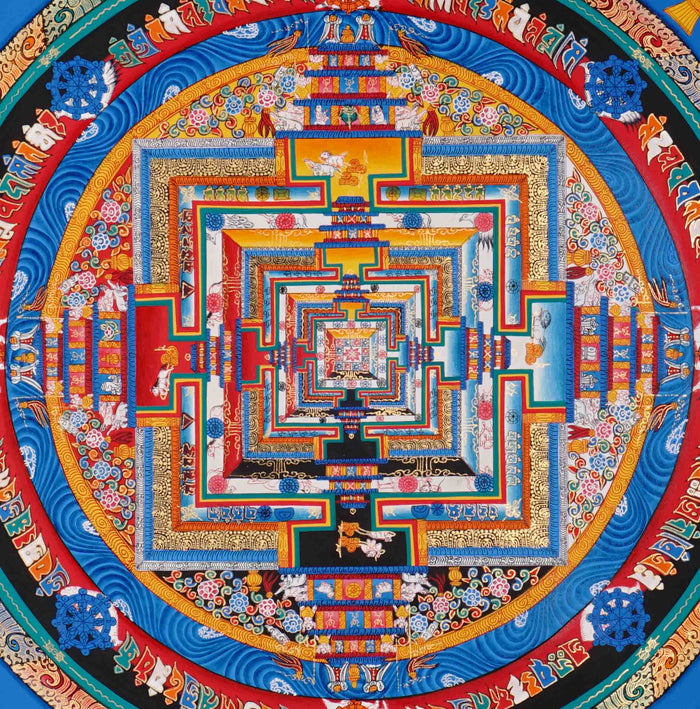 Blue multicolor Kalachakra Mandala Thangka Wheel of Time Himalayan art from Nepal