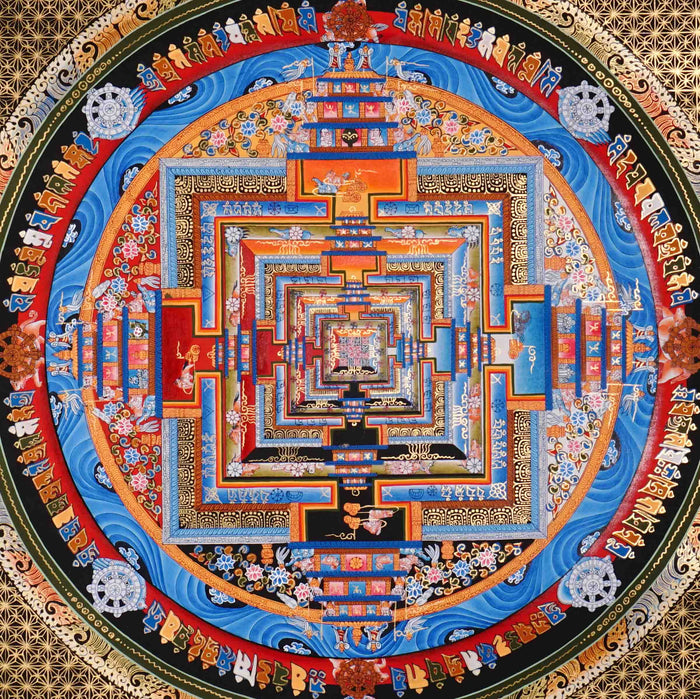 Traditional Tibetan Kalachakra Mandala Thangka painting showing sacred Buddhist cosmology and geometric mandala symbolism.