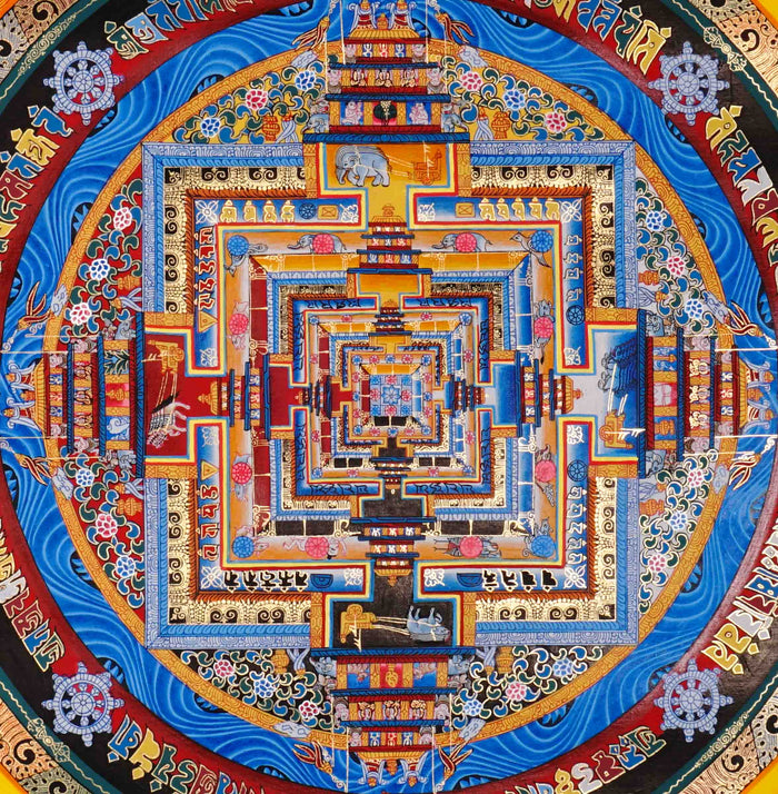 Traditional Kalachakra Mandala Thangka painting showing sacred Tibetan mandala with intricate cosmic geometry.