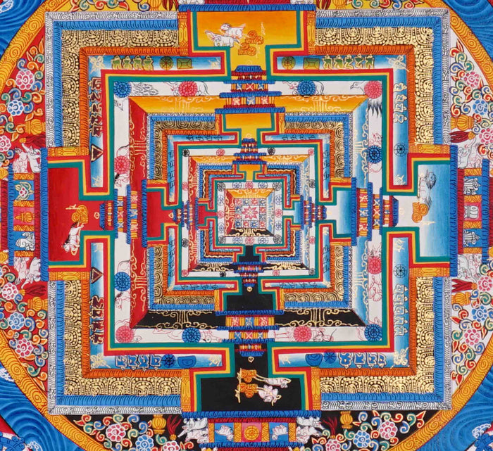 Blue multicolor Kalachakra Mandala Thangka Wheel of Time Himalayan art from Nepal