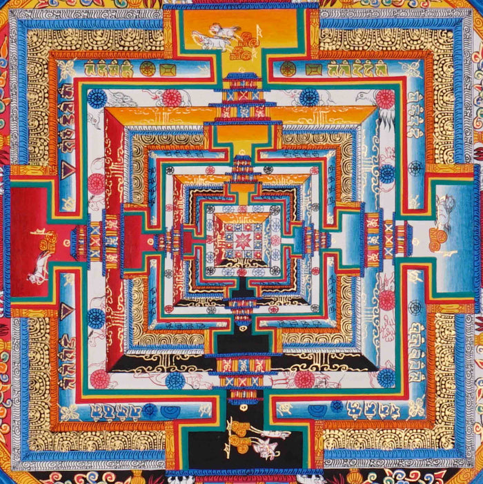 Orange multicolor Kalachakra Mandala Thangka Wheel of Time Sacred art Nepal