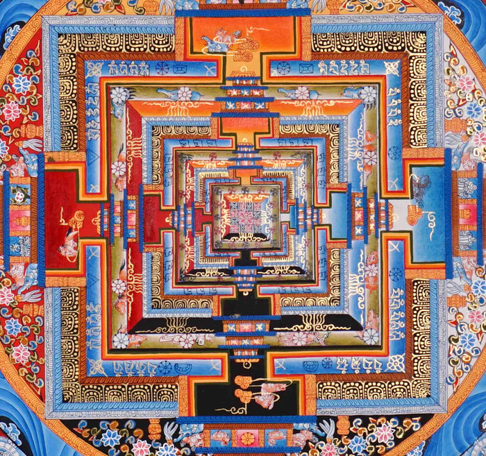 Traditional Tibetan Kalachakra Mandala Thangka painting showing sacred Buddhist cosmology and geometric mandala symbolism.