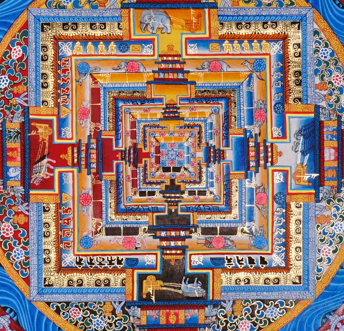 Traditional Kalachakra Mandala Thangka painting showing sacred Tibetan mandala with intricate cosmic geometry.