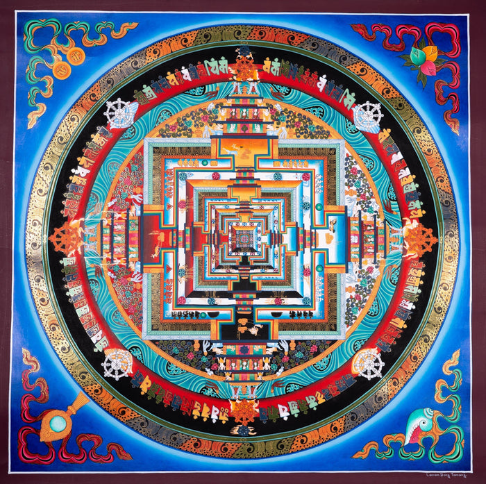 Kalchakra Mandala Hand Painting With Floral Border - Lucky Thanka