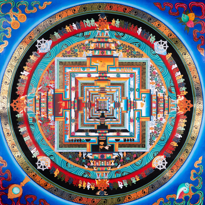 Kalchakra Mandala Hand Painting With Floral Border - Lucky Thanka