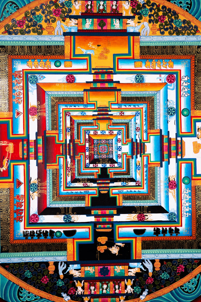 Kalchakra Mandala Hand Painting With Floral Border - Lucky Thanka