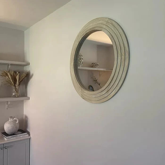 Kubu 70cm Wooden Round Mirror - Whitewash - Laura James
