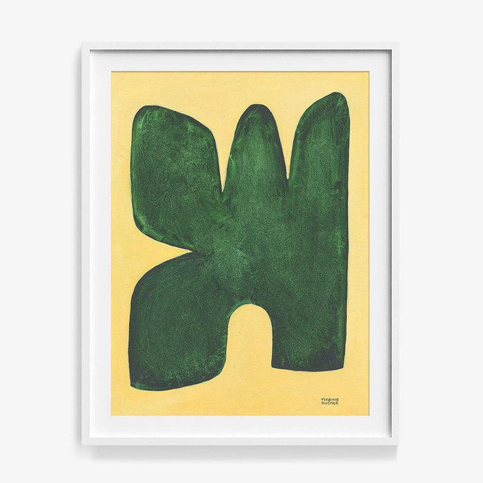 Abstract print featuring a dark green blob-like shape with three peaks and a curved cutout on a yellow background