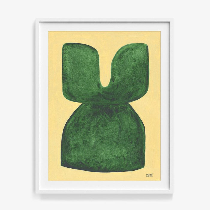 Abstract print La figure du vivant 164 by Virginie Hucher Green two-part organic shape on yellow background white frame