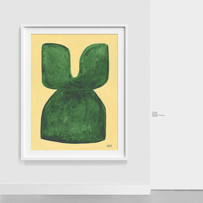 Abstract print La figure du vivant 164 by Virginie Hucher Green organic shape on yellow background white frame hanging