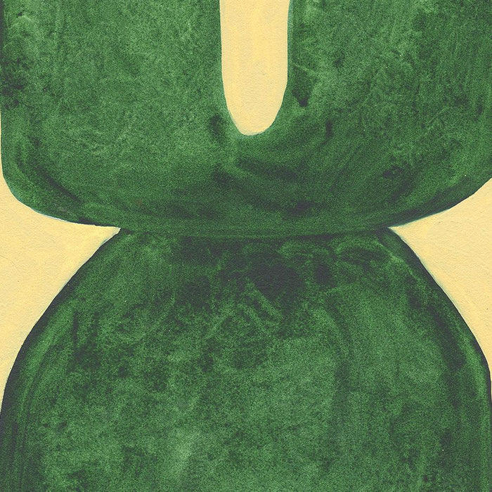 Close-up of print La figure du vivant 164 showing texture of green organic shape on yellow background