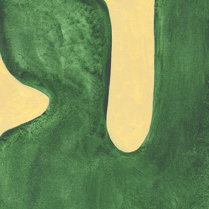 Abstract green shape on a yellow background a print by Virginie Hucher Close-up on the bottom left part of the print