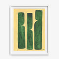 Abstract print with three dark green vertical shapes with rounded cutouts on a light yellow background in a white frame