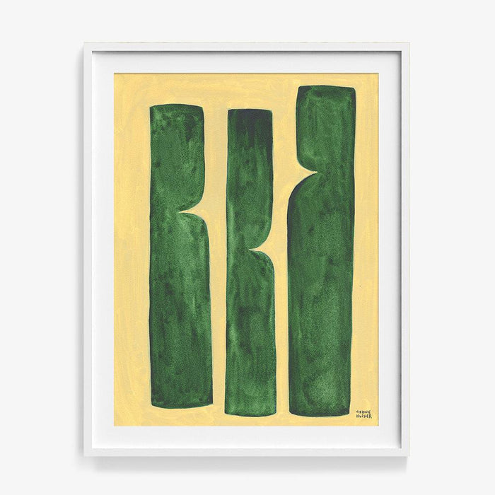Abstract print with three dark green vertical shapes with rounded cutouts on a light yellow background in a white frame
