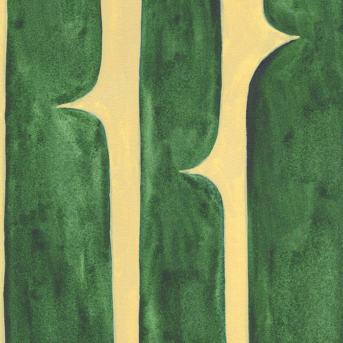 Close-up of abstract print showing three dark green vertical shapes with rounded cutouts on a light yellow background