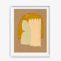 Abstract print in a white frame with a rounded yellow shape and a vertical striped beige shape on a brown background