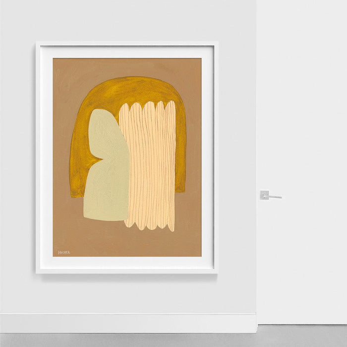 Abstract print in a white frame with a rounded yellow shape and a vertical striped beige shape on a brown background It