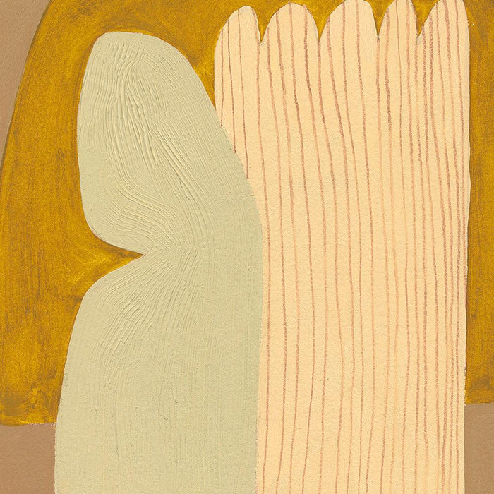 Close-up of an abstract print with a rounded yellow shape and a vertical striped beige shape on a brown background