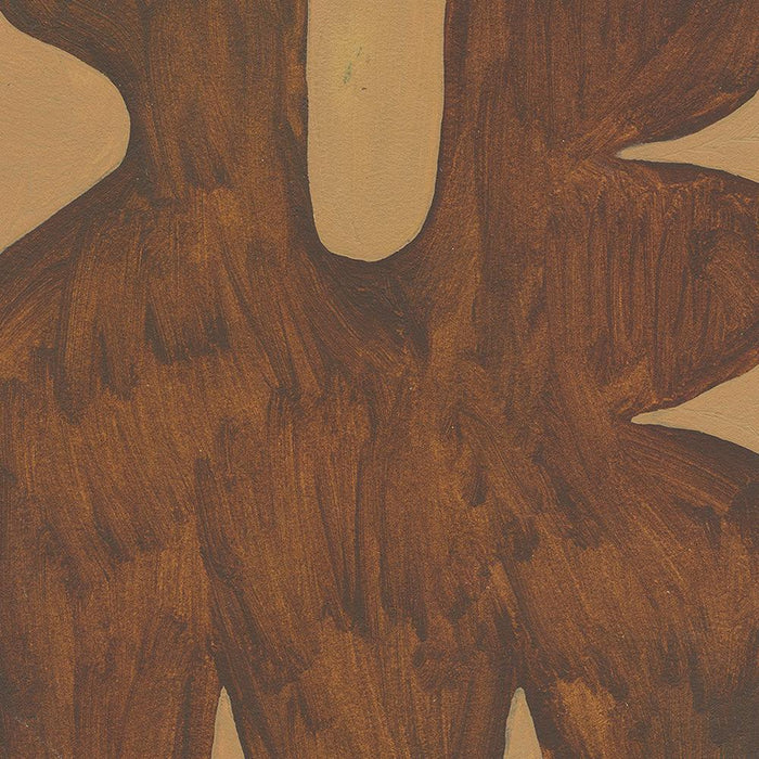 Close-up of an abstract print with two large brown organically shaped forms on a tan background