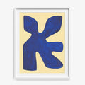 Abstract print with a dark blue rounded X-shaped form on a light yellow background in a white frame