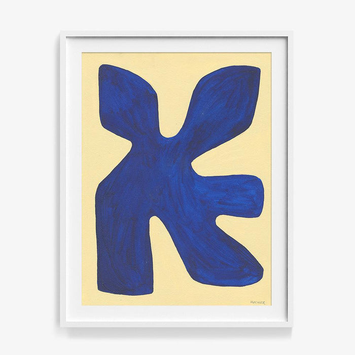 Abstract print with a dark blue rounded X-shaped form on a light yellow background in a white frame