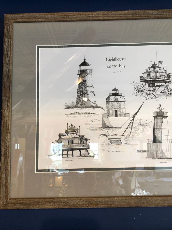 Lighthouses On The Bay, Pen And Ink, Framed 16x20" - Annapolis Maritime Antiques