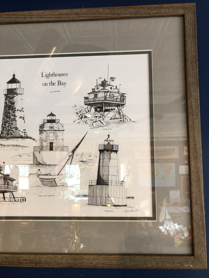 Lighthouses On The Bay, Pen And Ink, Framed 16x20" - Annapolis Maritime Antiques