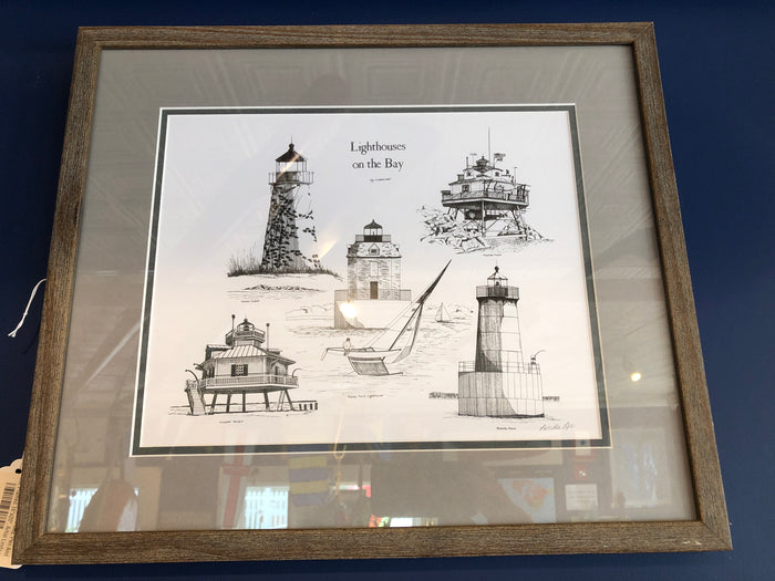 Lighthouses On The Bay, Pen And Ink, Framed 16x20" - Annapolis Maritime Antiques