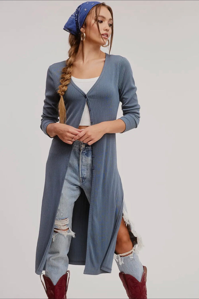 Lightweight Long Button-Down Cardigan - Blue