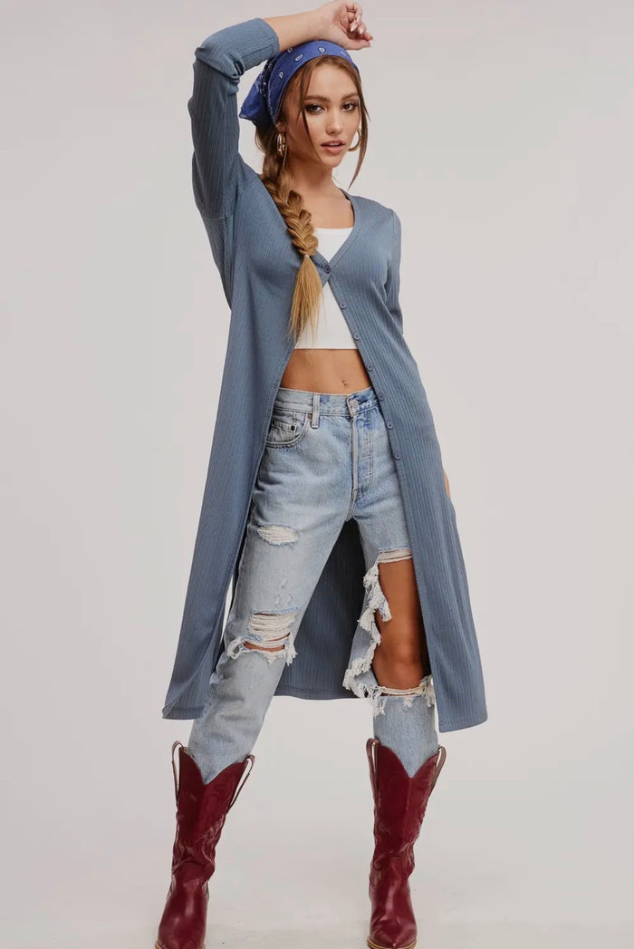 Lightweight Long Button-Down Cardigan - Blue