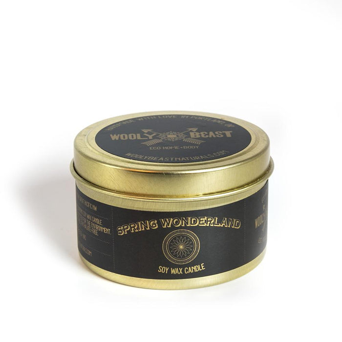 spring wonderland soy candle wooly beast naturals hand poured handmade clean burning small batch amber gold travel tin essential oils eco friendly vegan best smelling