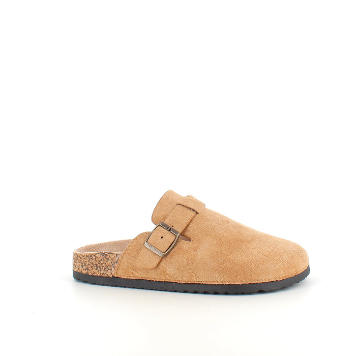 Ljusbrun slip-on sandal i textil – lätt & naturlig modell