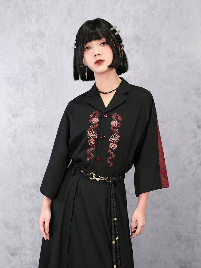 Loose-fit Chinese-style embroidered 3/4 sleeve shirt for summer